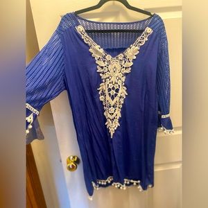 Women’s Pom Pom Trim Kaftan Chiffon Swim Cover up, Royal Blue, XL